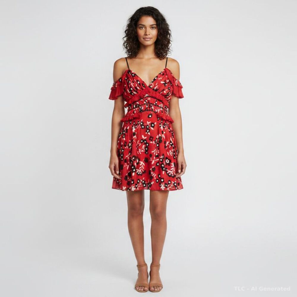 Self-Portrait Red Floral Print Crepe Ruffled Mini Dress M